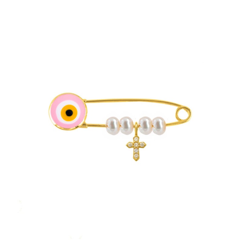 Παραμάνα ροζ ματακι με Κ14 χρυσό μενταγιόν σταυρό με ζιργκόν - R125904