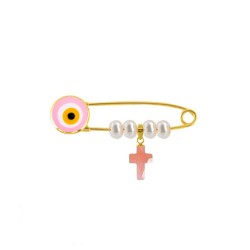Παραμάνα ματάκι ροζ με σταυρό χρυσό Κ18 με pink quartz και μαργαριτάρι - R125917PQ