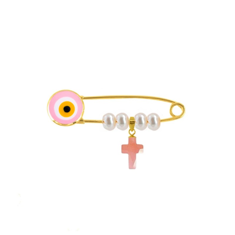 Παραμάνα ματάκι ροζ με σταυρό χρυσό Κ18 με pink quartz και μαργαριτάρι - R125917PQ