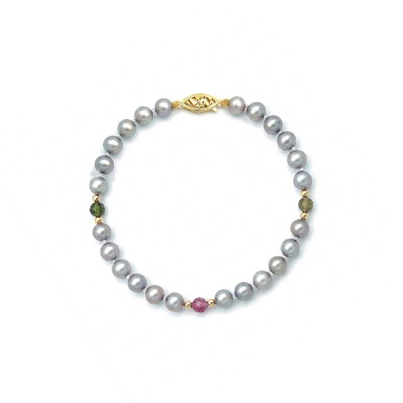 Βραχιόλι με Κ14 χρυσά στοιχεία, γκρι μαργαριτάρια και τουρμαλίνη - F1252351