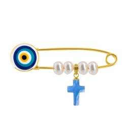 Παραμάνα με σταυρό χρυσό Κ18 με blue topaz και μαργαριτάρι - G125917