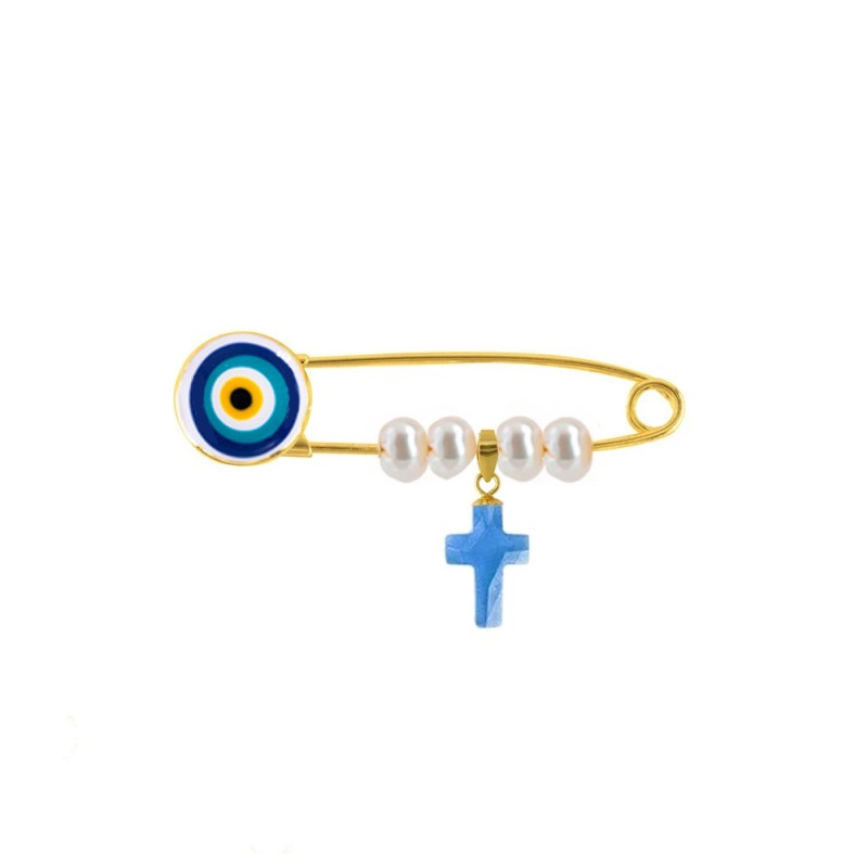 Παραμάνα με σταυρό χρυσό Κ18 με blue topaz και μαργαριτάρι - G125917