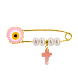 Παραμάνα ματάκι ροζ με σταυρό χρυσό Κ18 με pink quartz και μαργαριτάρι - R125917PQ