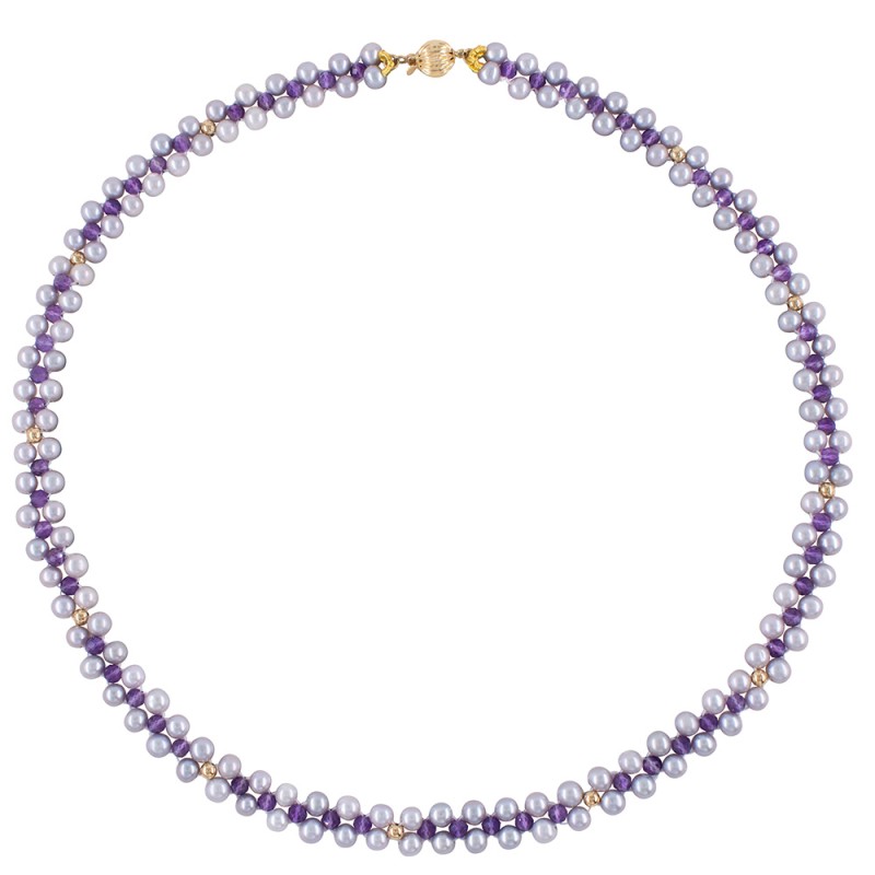 Κολιέ με Κ14 χρυσά στοιχεία, γκρι μαργαριτάρια και αμέθυστο - F1252327