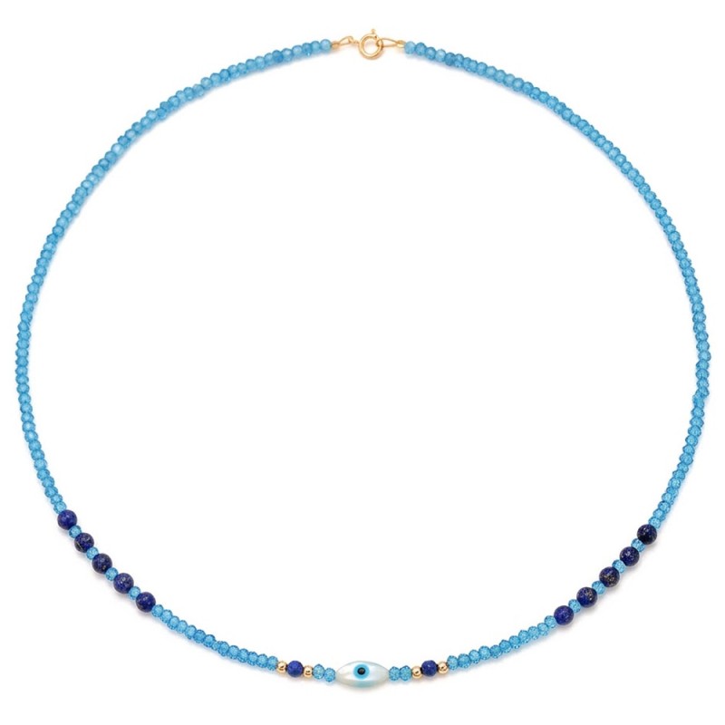 Κολιέ με Κ14 χρυσά στοιχεία, salomite blue και lapis lazuli - F1252344
