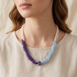 Κολιέ με Κ14 χρυσά στοιχεία, μαργαριτάρια, αμέθυστο και aqua - F125348A