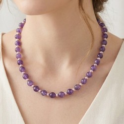 Κολιέ με Κ14 χρυσό κούμπωμα, αμέθυστο και σομόν μαργαριτάρια - F126041A