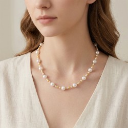 Κολιέ με Κ18 και Κ14 χρυσά στοιχεία και λευκά μαργαριτάρια - F126102