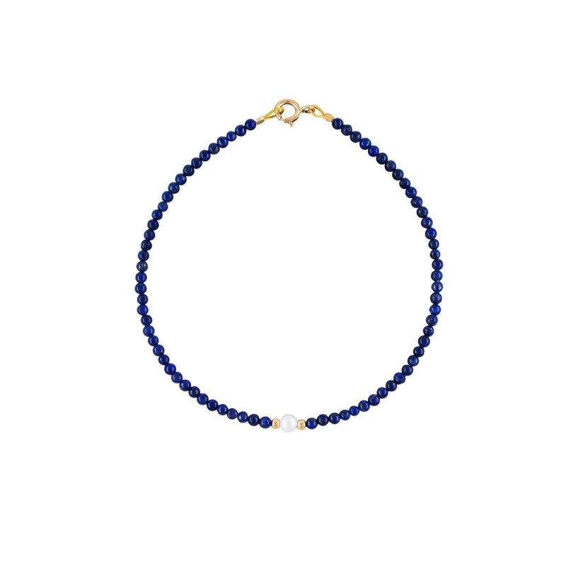 Βραχιόλι με Κ14 χρυσά στοιχεία, λάπις lazuli και μαργαριτάρι - B124410L