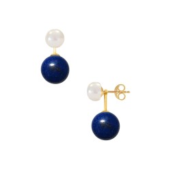 Σκουλαρίκια Κ14 χρυσά με λευκά μαργαριτάρια και lapis lazuli - G124995ML