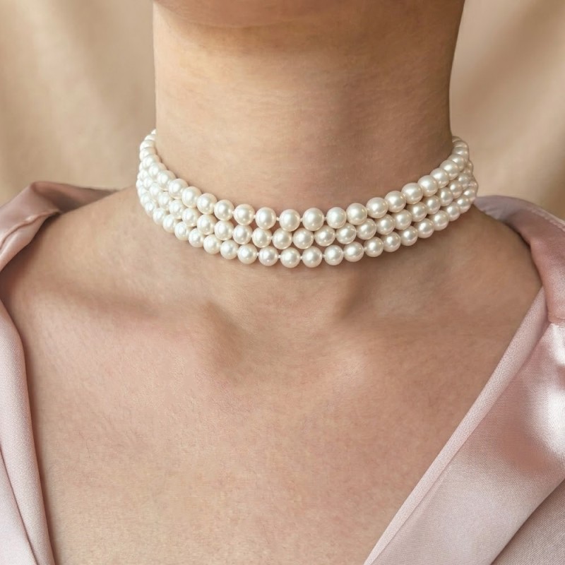 Κολιέ choker με Κ14 χρυσό κούμπωμα και 3 σειρές λευκά μαργαριτάρια - F1252328