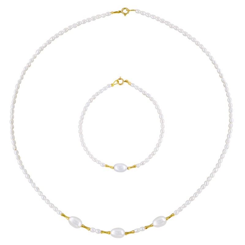 Σετ κολιέ & βραχιόλι με Κ18 χρυσά στοιχεία και λευκά μαργαριτάρια - S1252333W