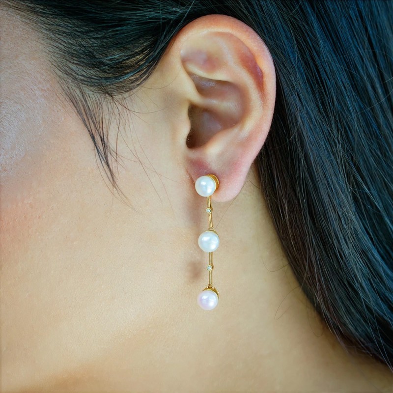 Σκουλαρίκια Κ18 χρυσά με πολύχρωμα μαργαριτάρια και διαμάντια - S313782