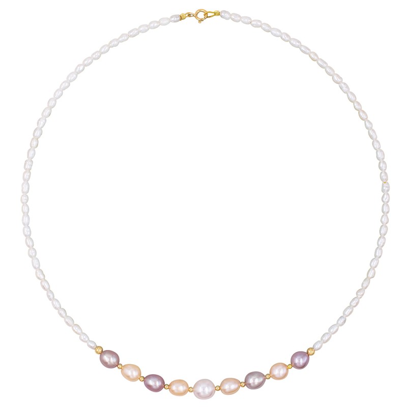 Κολιέ με Κ14 χρυσά στοιχεία, λευκά και σομόν μαργαριτάρια - F1252295