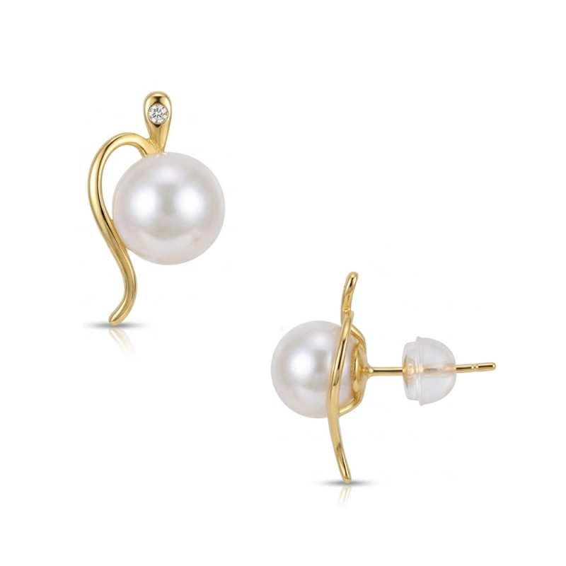 Σκουλαρίκια Κ18 χρυσά με λευκά μαργαριτάρια και δοαμάντια - F1252330