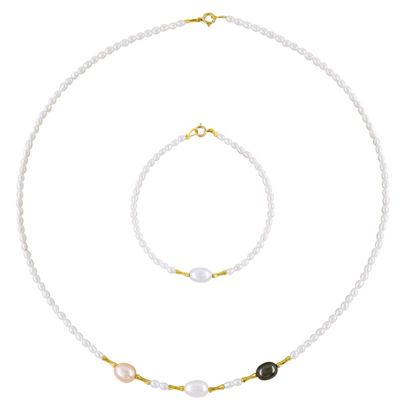 Σετ κολιέ & βραχιόλι με Κ18 χρυσά στοιχεία, λευκά & πολύχρωμα μαργαριτάρια - S1252333