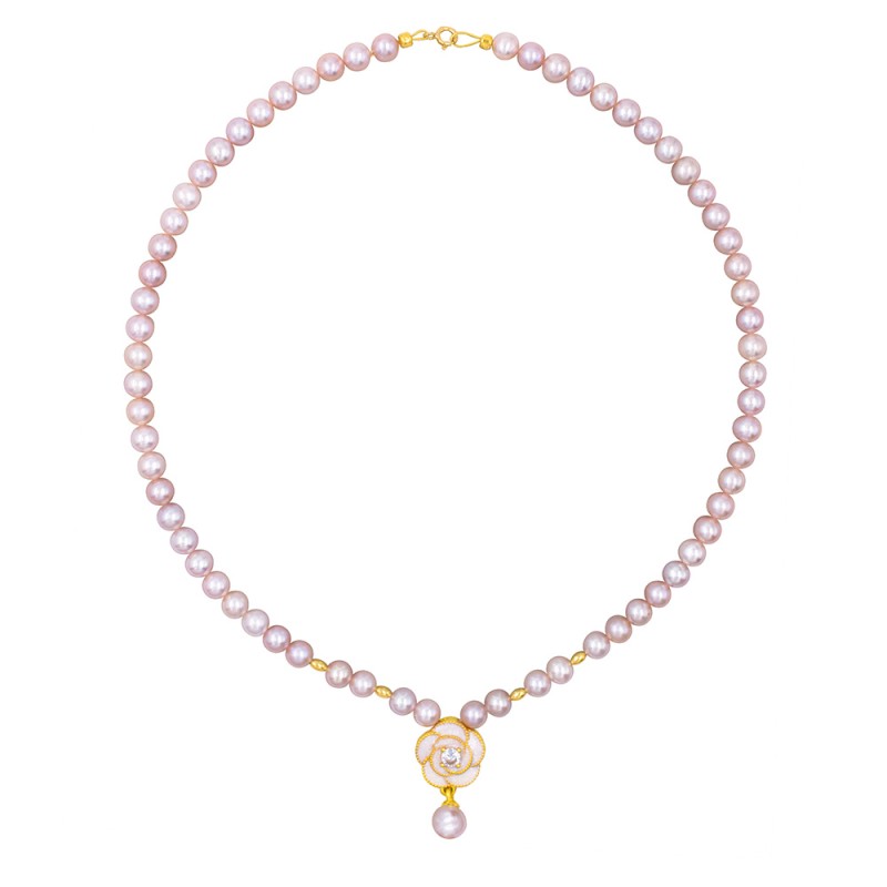 Κολιέ με Κ18 χρυσά στοιχεία, σομόν μαργαριτάρια και μενταγιόν χρυσό Κ18 - F1252305