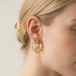 Σκουλαρίκια με λευκά μαργαριτάρια και βάση από ατσάλι με κλιπ - F1252310