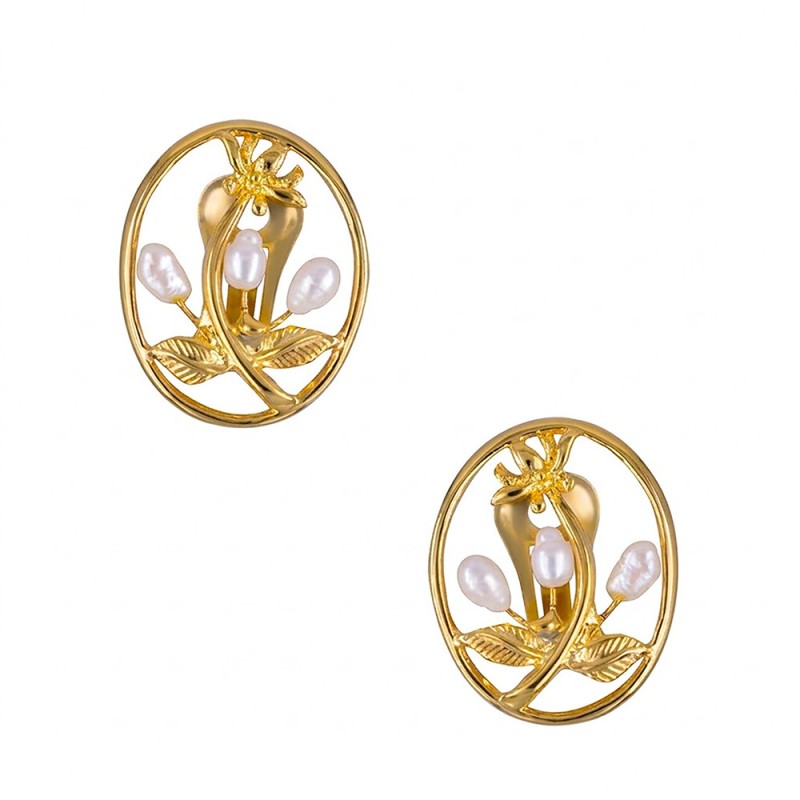 Σκουλαρίκια με λευκά μαργαριτάρια και βάση από ατσάλι με κλιπ - F1252310