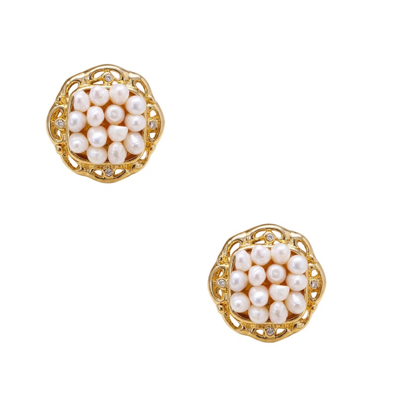 Σκουλαρίκια με λευκά μαργαριτάρια, ζιργκόν και βάση από ατσάλι με κλιπ - F1252312