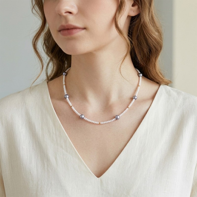 Κολιέ με Κ14 χρυσά στοιχεία, λευκά και γκρι μαργαριτάρια - F1252316