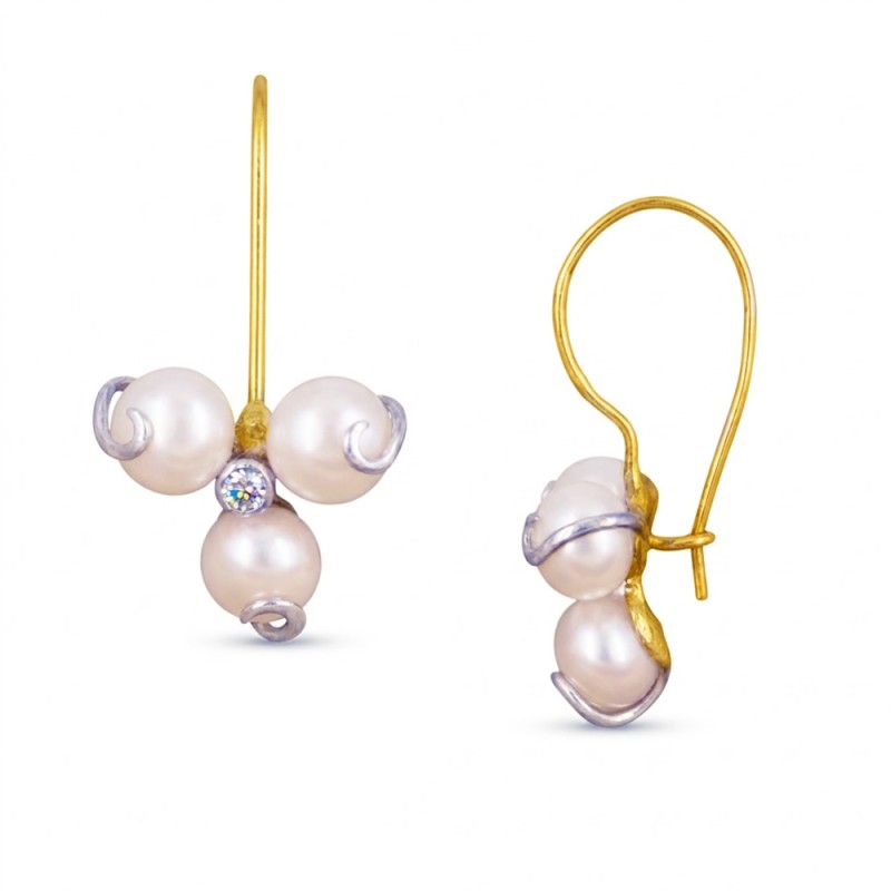 Σκουλαρίκια Κ14 χρυσά και λευκόχρυσα με μαργαριτάρια και ζιργκόν - S1252317