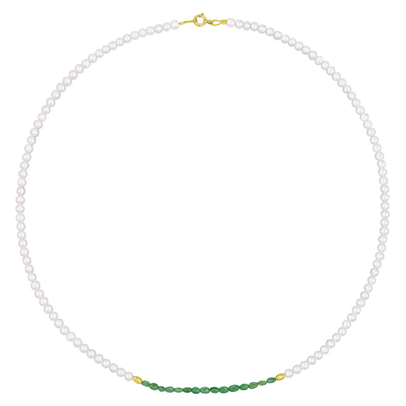 Κολιέ με Κ18 χρυσά στοιχεία, λευκά μαργαριτάρια και σμαράγδια - F1252318