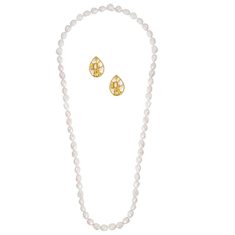 Σετ κολιέ & σκουλαρίκια με λευκά μαργαριτάρια και βάση από ατσάλι - S1252290