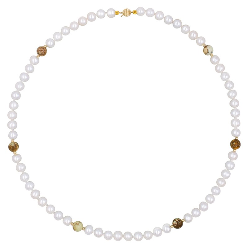 Κολιέ με Κ14 χρυσά στοιχεία, μαργαριτάρια και jasper - F1252292