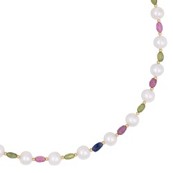 Κολιέ με Κ14 χρυσά στοιχεία, λευκά μαργαριτάρια και multi sapphire - F1252294