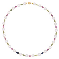 Κολιέ με Κ14 χρυσά στοιχεία, λευκά μαργαριτάρια και multi sapphire - F1252294