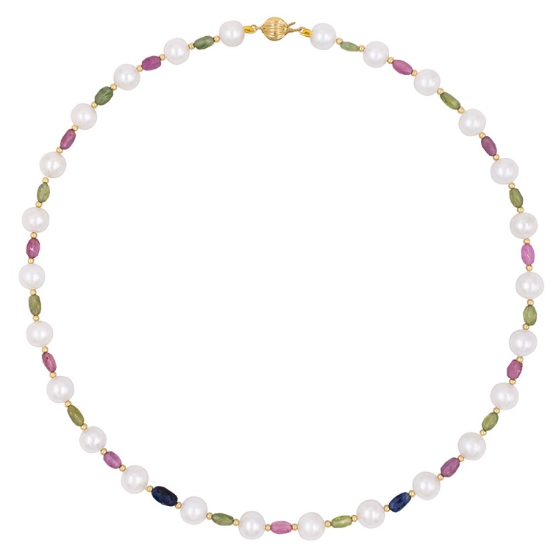 Κολιέ με Κ14 χρυσά στοιχεία, λευκά μαργαριτάρια και multi sapphire - F1252294