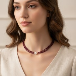 Κολιέ με Κ14 χρυσά στοιχεία, γρανάδα και λευκό μαργαριτάρι - F126563