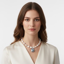 Κολιέ με λευκά και γκρι μαργαριτάρια και μενταγιόν 925 ασημένιο και Mother of Pearl - F126786