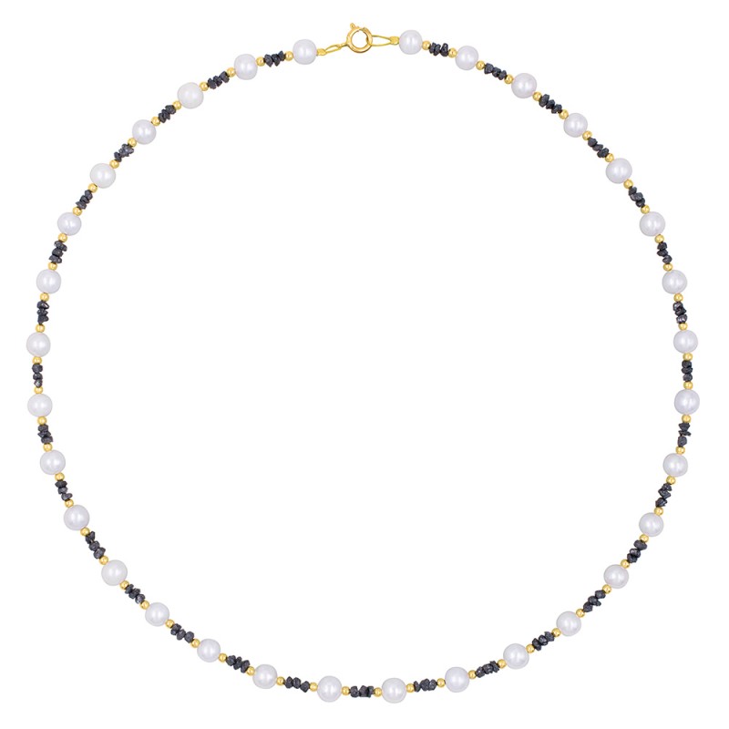 Κολιέ με Κ14 χρυσά στοιχεία, λευκά μαργαριτάρια και ρινίσματα μαύρων διαμαντιών - F1252280