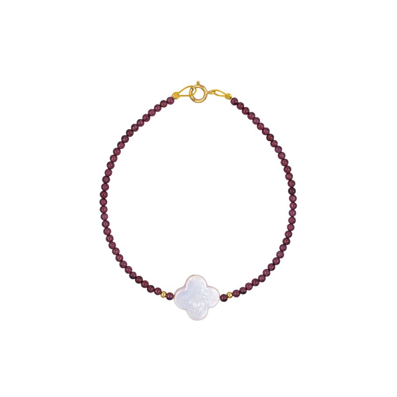 Βραχιόλι με Κ14 χρυσά στοιχεία, γρανάδα και λευκό Biwa μαργαριτάρι - B1252281