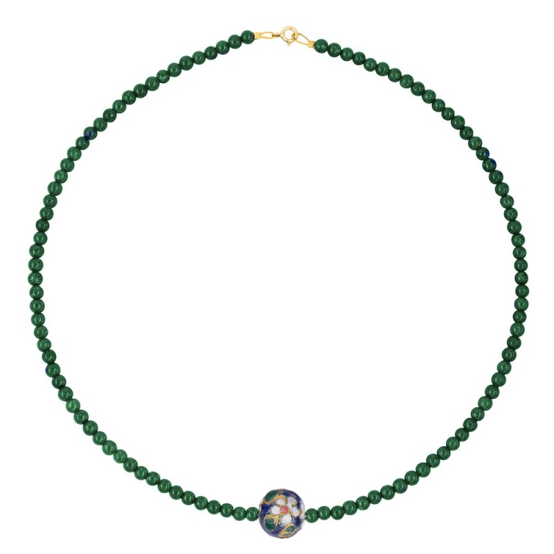 Κολιέ με 925 ασημένιο επιχρυσωμένο κούμπωμα, μαλαχίτη και μενταγιόν cloisonne - F1252285