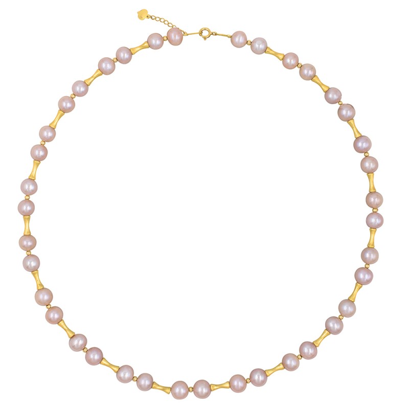 Κολιέ με Κ18 χρυσά στοιχεία και σομόν μαργαριτάρια - F1252335