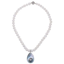 Κολιέ με 925 ασημένιο κούμπωμα, λευκά μαργαριτάρια και μενταγιόν Mother of Pearl - S126816