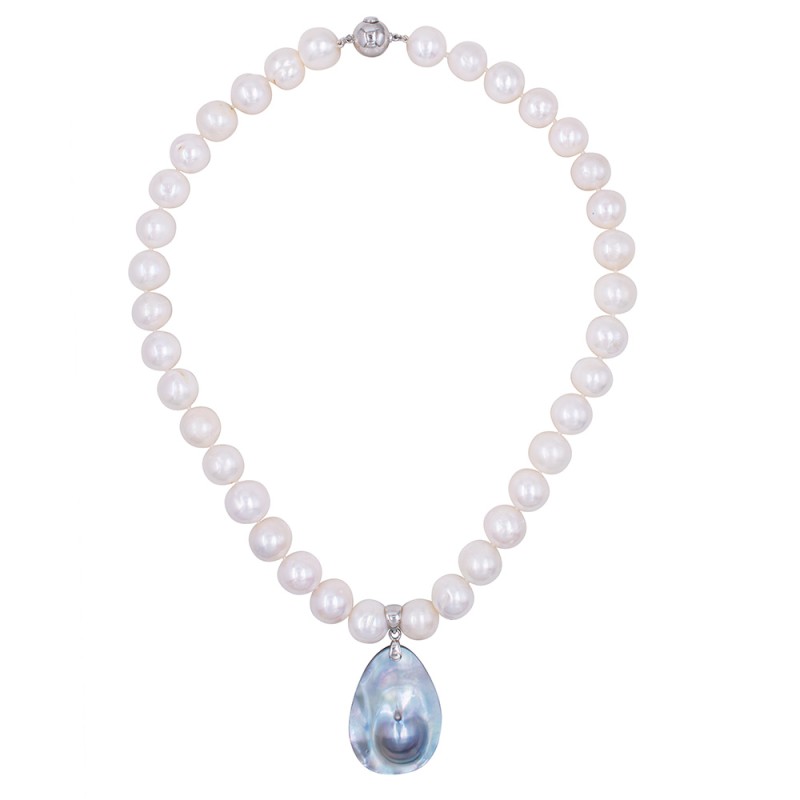 Κολιέ με 925 ασημένιο κούμπωμα, λευκά μαργαριτάρια και μενταγιόν Mother of Pearl - S126817