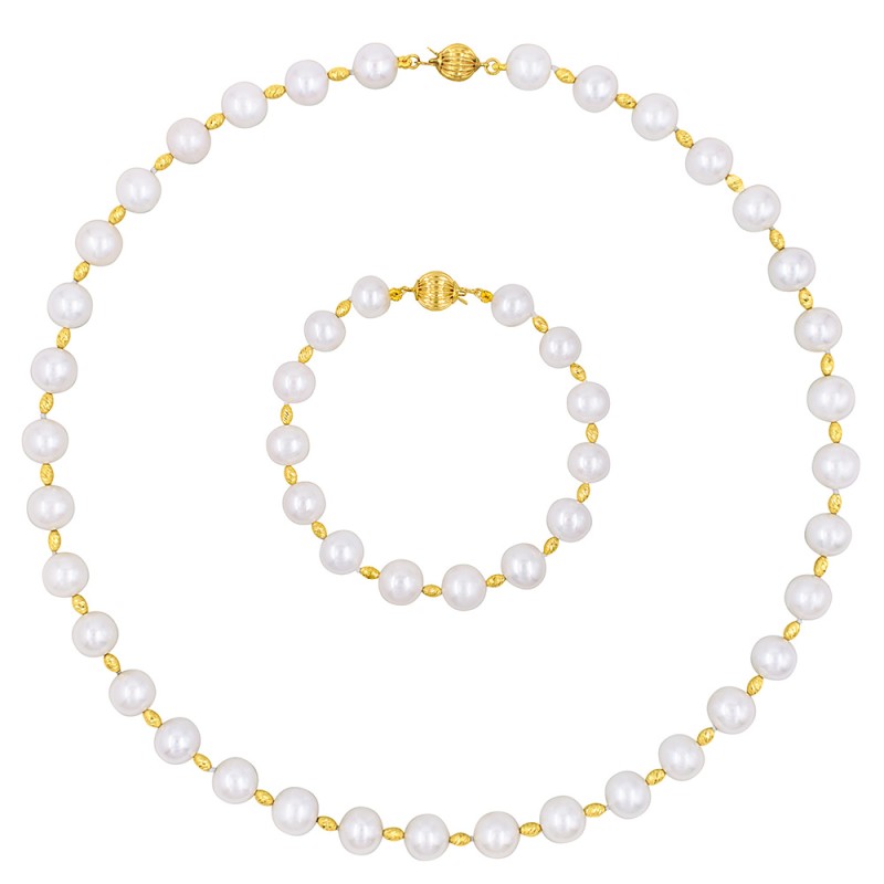 Σετ κολιέ και βραχιόλι με Κ18 χρυσά στοιχεία και λευκά μαργαριτάρια - S126820