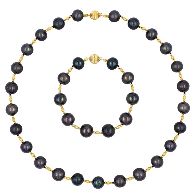 Σετ κολιέ & βραχιόλι με Κ18 χρυσά στοιχεία και μαύρα μαργαριτάρια - S126850