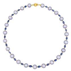 Κολιέ με Κ14 χρυσά στοιχεία, γκρι μαργαριτάρια και μπλε ζαφείρια - F126852