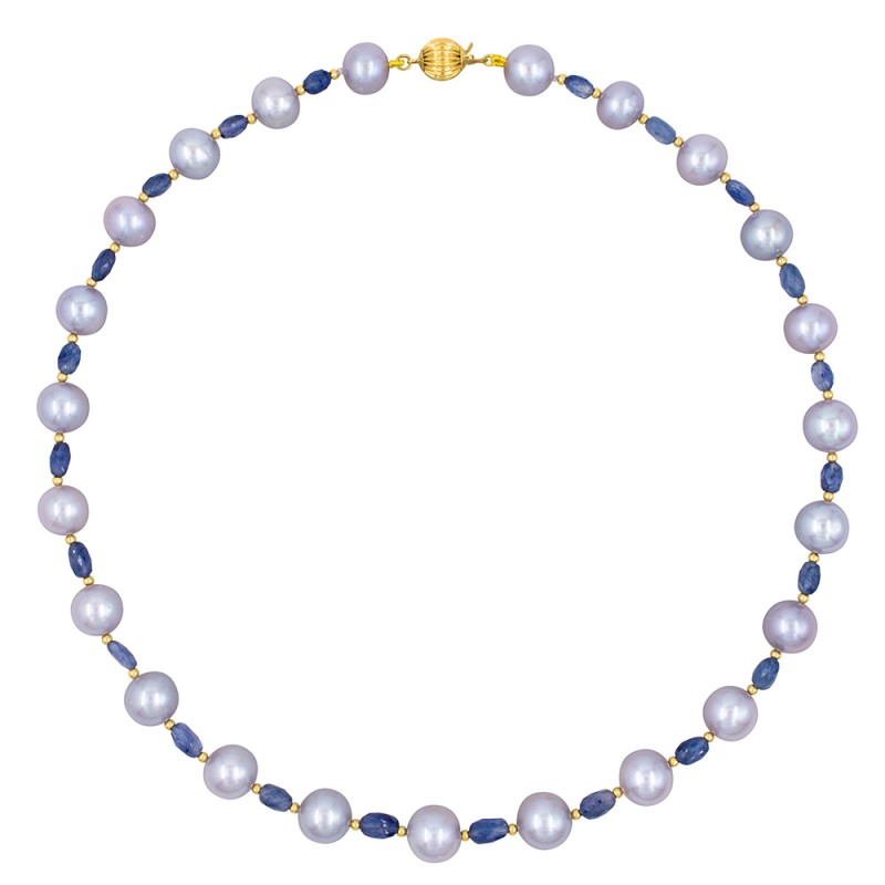 Κολιέ με Κ14 χρυσά στοιχεία, γκρι μαργαριτάρια και μπλε ζαφείρια - F126852