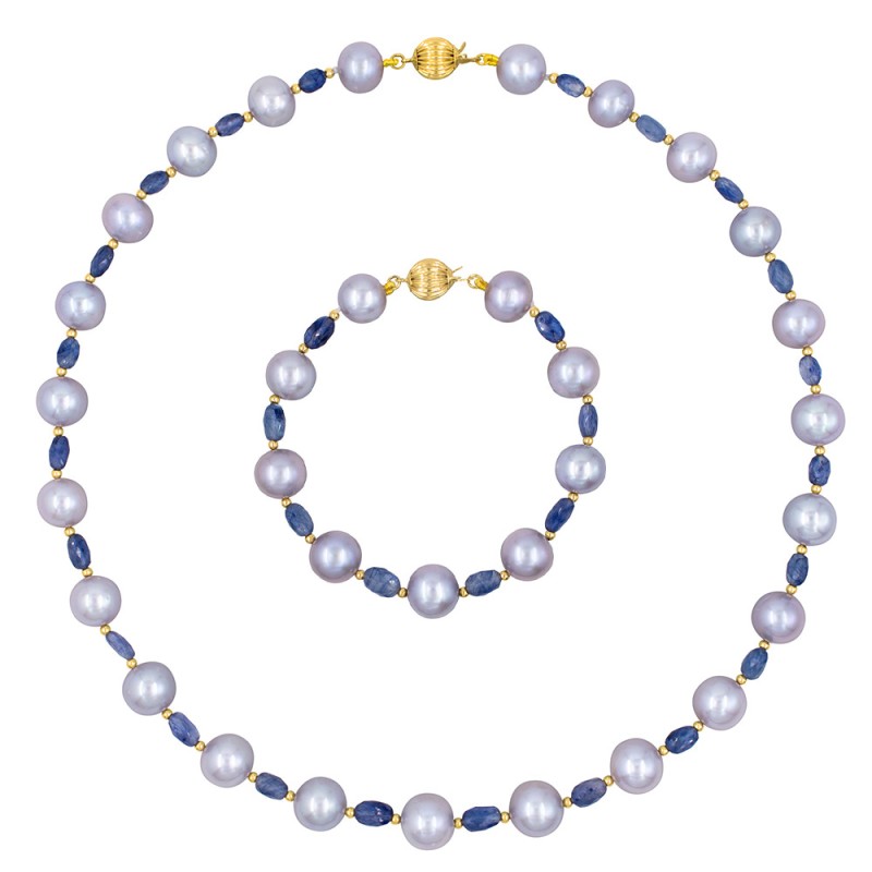 Σετ κολιέ & βραχιόλι με Κ14 χρυσά στοιχεία, γκρι μαργαριτάρια και ζαφείρια - S126852