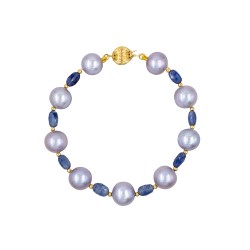 Βραχιόλι με Κ14 χρυσά στοιχεία, γκρι μαργαριτάρια και μπλε ζαφείρια - B126853