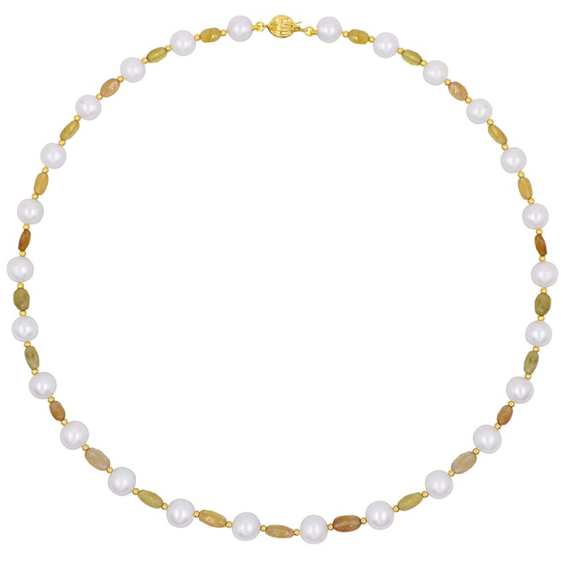 Κολιέ με Κ14 χρυσά στοιχεία, λευκά μαργαριτάρια και κίτρινα ζαφείρια - F126854