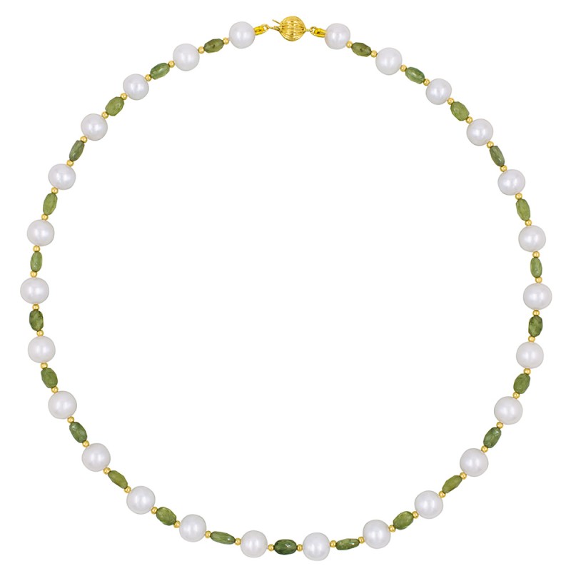 Κολιέ με Κ14 χρυσά στοιχεία, λευκά μαργαριτάρια και πράσινα ζαφείρια - F126855
