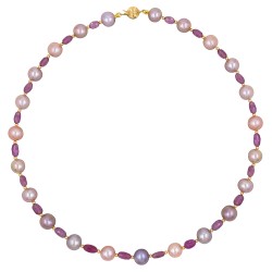 Κολιέ με Κ14 χρυσά στοιχεία, λευκά μαργαριτάρια και ροζ ζαφείρια - F126856