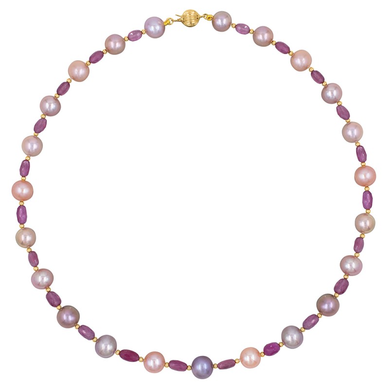 Κολιέ με Κ14 χρυσά στοιχεία, λευκά μαργαριτάρια και ροζ ζαφείρια - F126856